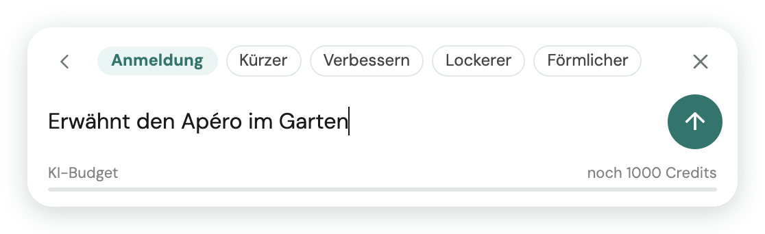 Block bearbeiten: der Block «Anmeldung» ausgewählt, die Knöpfe Kürzer, Verbessern, Lockerer und Förmlicher und eine Anweisung an die KI