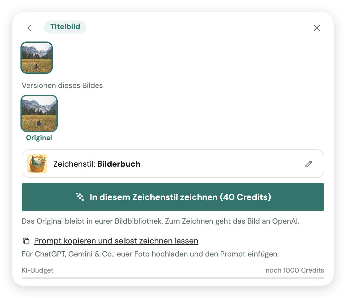 Foto als Zeichnung: das Titelbild, Versionen dieses Bildes mit dem Original, der Zeichenstil und der Knopf «In diesem Zeichenstil zeichnen»