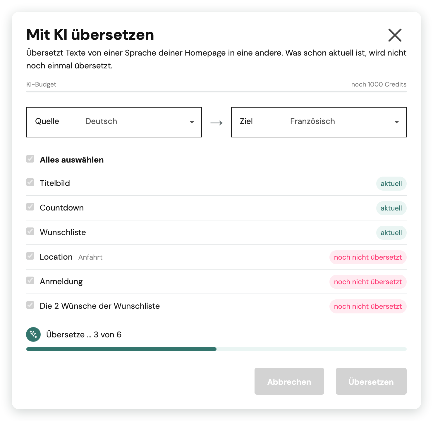 Dialog «Mit KI übersetzen» während der Übersetzung: drei Blöcke aktuell, ein Balken zeigt «Übersetze … 3 von 6»