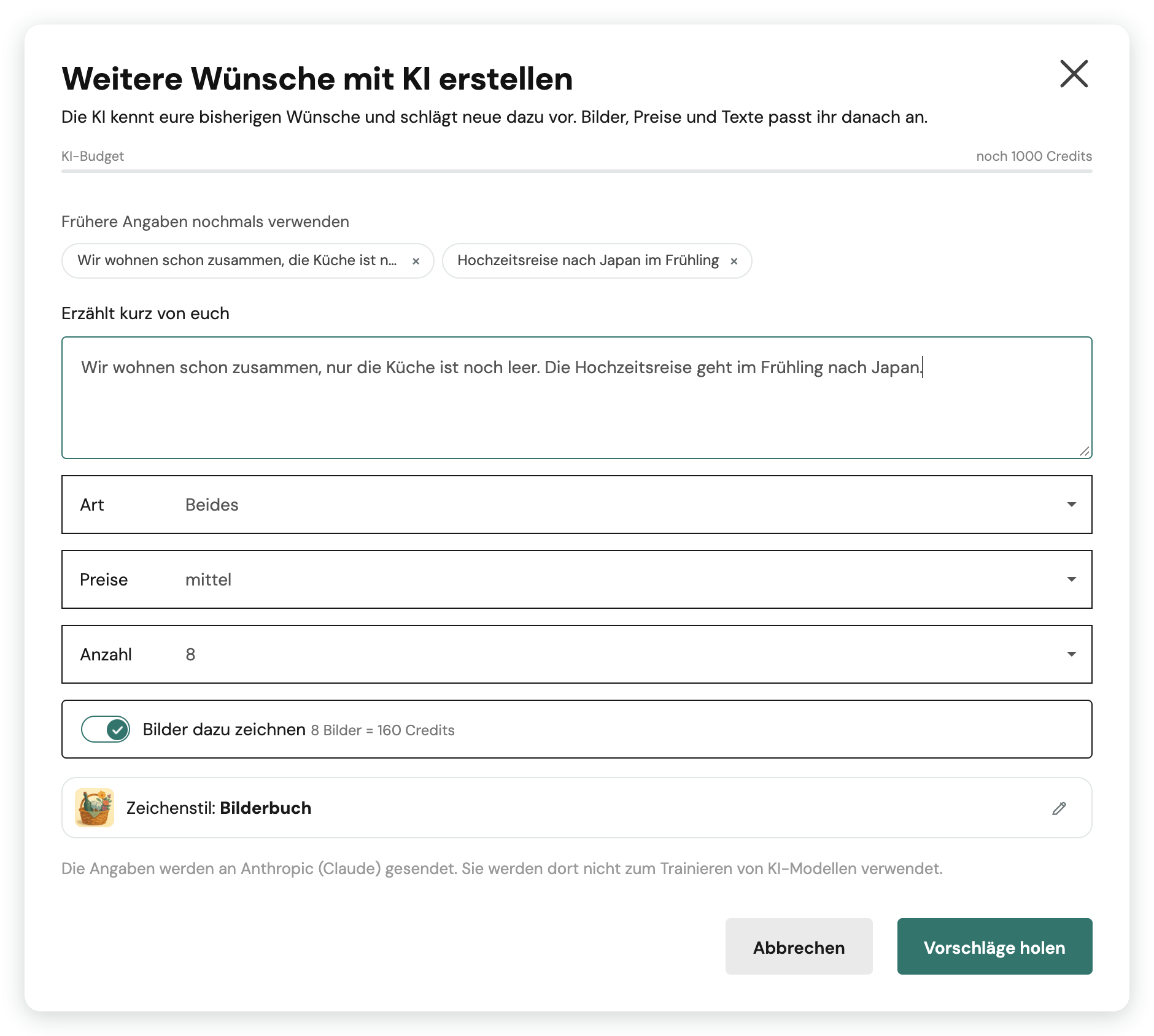 Dialog «Weitere Wünsche mit KI erstellen» mit Erzählt kurz von euch, Art, Preise, Anzahl, Bilder dazu zeichnen und Zeichenstil