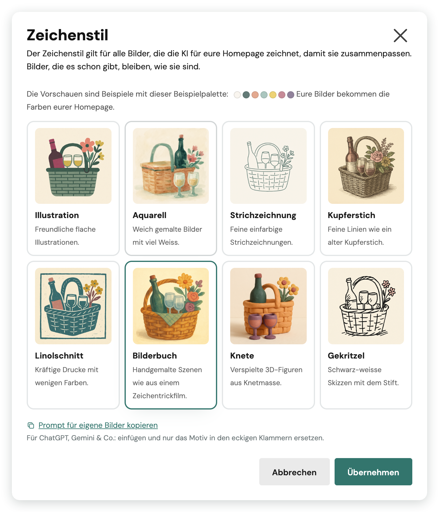 Dialog «Zeichenstil» mit acht Stilen: Illustration, Aquarell, Strichzeichnung, Kupferstich, Linolschnitt, Bilderbuch, Knete und Gekritzel